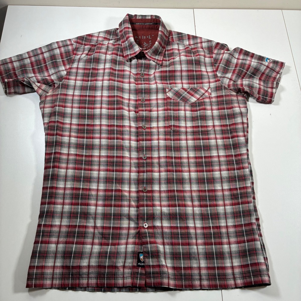 Kuhl Button Hiking Shirt Medium Red Plaid Short Sleeve Performance Pocket - Picture 2 of 10